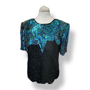 Royal Feelings Women's Short-Sleeve Beaded Sequin Silk Blouse VTG 80s Black L